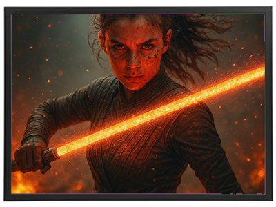 En intens scene med en kvindelig kriger, der holder et glødende lysvær, omgivet af flammer.