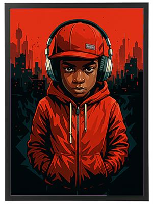 En ung dreng iført en rød hættetrøje og høretelefoner, med en bybaggrund i mørke nuancer.