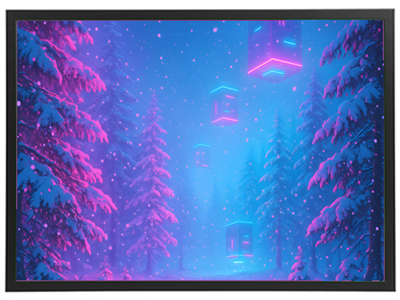 En surrealistisk skovscene med sneklædte træer og svævende, farverige lys i en drømmende atmosfære.