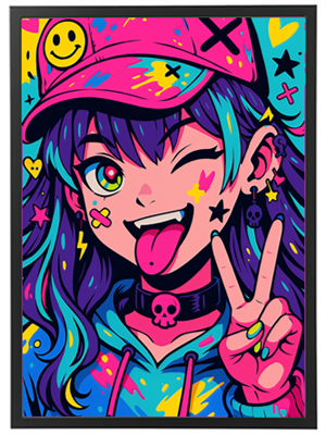 En livlig og farverig illustration af en ung kvinde med en glad attitude, iført en cap og smykker.