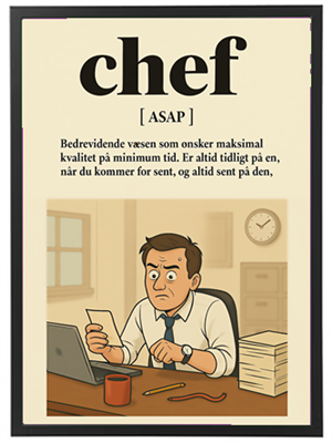 Illustration af en stresset chef, der arbejder ved sit skrivebord med en bunke papirer.