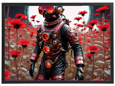En astronaut iført en detaljeret rumdragt står blandt røde blomster i et surrealistisk landskab.