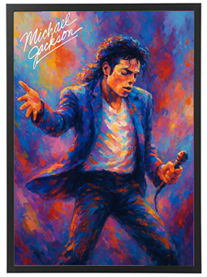 En livlig og farverig maleri af en mand, der synger med en mikrofon, iført en blå jakke.