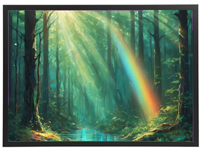 En magisk skovscene med sollys, der stråler gennem træerne og en regnbue over en stille bæk.