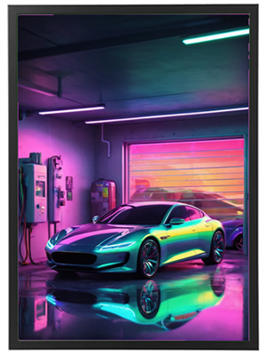 En moderne sportsvogn står i en garage oplyst af farverige neonlys, med reflekser på gulvet.