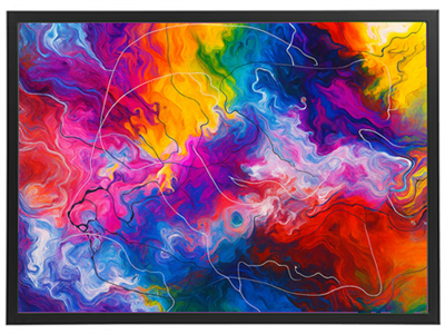 Et livligt og abstrakt maleri med en blanding af farver og dynamiske former.
