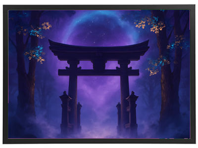 En smuk illustration af en torii-port under en stjerneklar, lilla himmel.