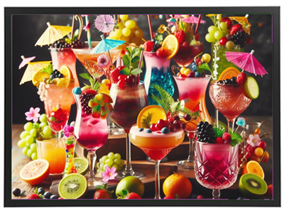 En samling af farverige cocktails pyntet med frugt og paraplyer, præsenteret på et træbord.