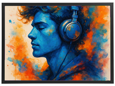 Et farverigt portræt af en ung mand med hovedtelefoner, der ser ud til at nyde musikken.