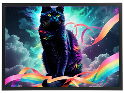 Et kunstnerisk billede af en sort kat med lysende øjne, omgivet af farverige bånd og en stjernehimmel.
