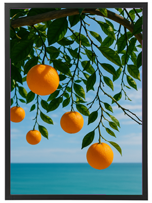 En gren med modne appelsiner hængende over en blå havoverflade.