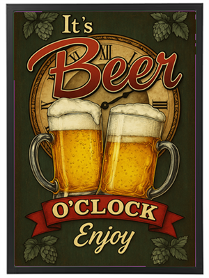 Et farverigt skilt med to ølkrus og teksten Its Beer OClock Enjoy.