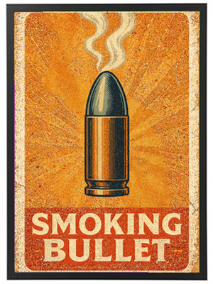 Et vintage-inspireret billede af en rygende kugle mod en orange baggrund.