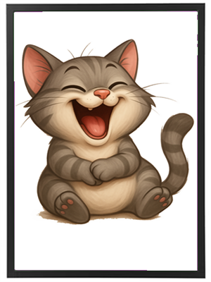 En tegnet kat, der griner og ser meget glad ud, sidder med en legende holdning.