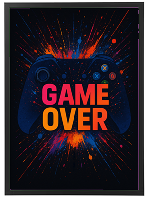Et farverigt design med teksten GAME OVER og en spillekonsol-controller i centrum.