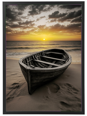 Et billede af en gammel båd på stranden ved solnedgang, med dramatiske skyer og hav.