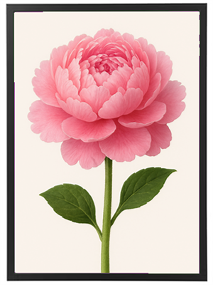 En detaljeret illustration af en pink pæonblomst med grønne blade, indrammet i sort.