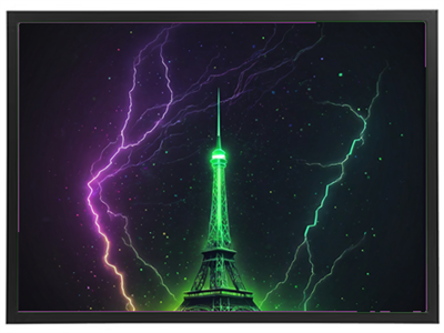 En farverig illustration af Eiffeltårnet omgivet af lyn og neonfarver.