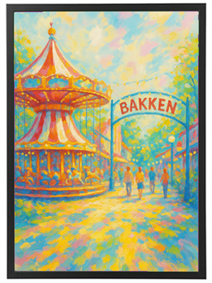 Et maleri af en karussel med stribede telte og en indgangsskilt til Bakken, omgivet af træer.
