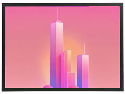 En stiliseret skyline med høje bygninger i nuancer af pink og lilla mod en blød baggrund.