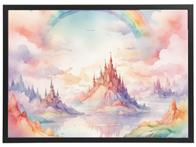 En farverig og drømmende illustration af et slot omgivet af bjerge og en regnbue.