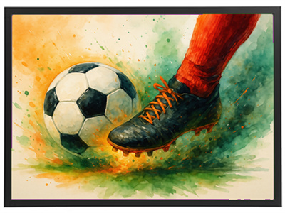 Et farverigt maleri af en fodboldspiller, der sparker til en bold.