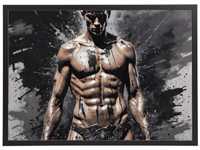 En dramatisk illustration af en muskuløs mand med en kunstnerisk baggrund.