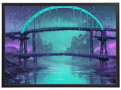 En farverig digital illustration af en bro i en futuristisk by, omgivet af regn og lys.