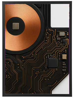 Et nærbillede af et kredsløb med kobberlignende elementer og komplekse mønstre.