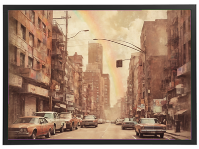 En nostalgisk gade i en by med vintage biler og en regnbue i baggrunden.