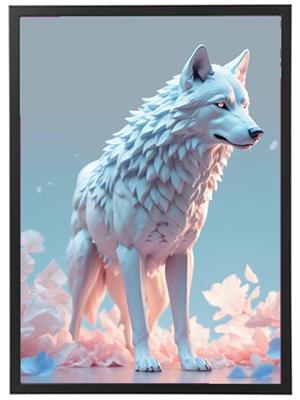 En stiliseret hvid ulv står majestætisk blandt blomster, med detaljeret pels og et drømmende udtryk.