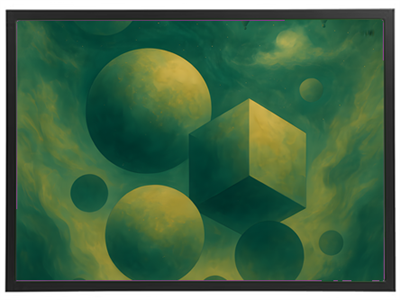 En farverig abstrakt komposition med grønne nuancer, kugler og en kube i rummet.