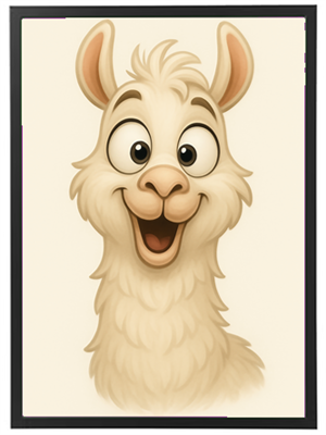 En tegneserieagtig lama med et stort smil og venlige øjne.