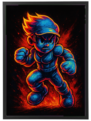 Et farverigt billede af en muskuløs karakter i kampposition med flammer omkring.