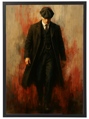 En mand i sort frakke og hat går med bestemte skridt mod en rødlig baggrund.