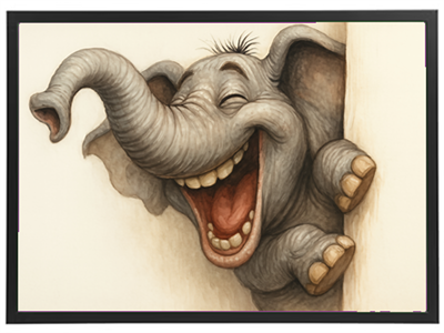 En sød og smilende elefant stikker hovedet frem fra en væg, hvilket skaber en munter stemning.