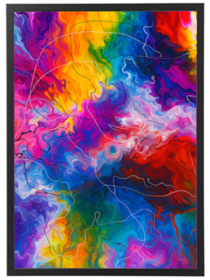 Et livligt og farverigt abstrakt billede med bølgende mønstre og nuancer.