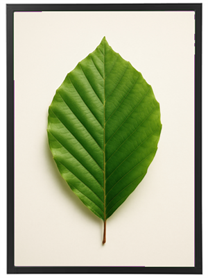 Et stort, grønt blad præsenteret på en lys baggrund, fremhæver naturens skønhed.