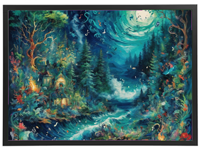 En farverig og drømmende skovscene med huse, træer og musiknoter, oplyst af en måne.