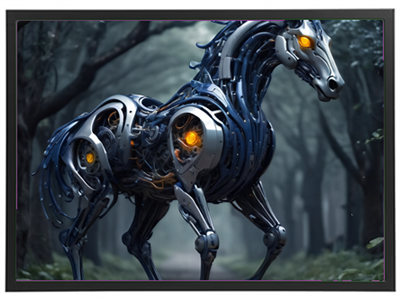 En futuristisk hest lavet af metal og mekaniske dele, med lysende øjne, der står i en skov.