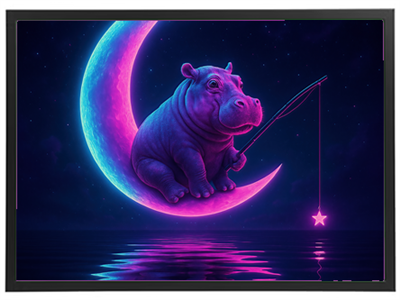 Et farverigt billede af en flodhest, der sidder på en måne og fisker efter en stjerne.