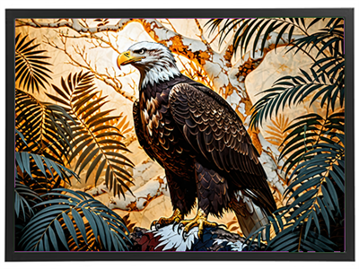 Et kunstnerisk billede af en stor ørn, der står blandt frodige, grønne planter.