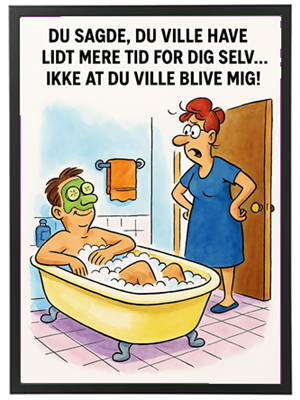 En tegneserie, hvor en mand slapper af i badekar, mens en kvinde ser utilfreds ud.