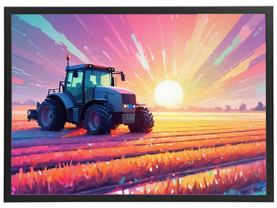 Et farverigt kunstbillede af en traktor, der arbejder på marker ved solopgang.