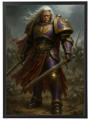 En majestætisk kriger iført en detaljeret rustning med sværd, omgivet af en krigsscene.