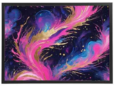 Et dynamisk og farverigt abstrakt maleri med nuancer af pink, blå og guld på en mørk baggrund.