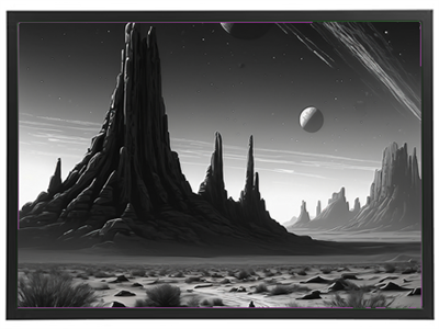 Et dramatisk, monokromt landskab med høje klippeformationer og en stjerneklar himmel, der viser planeter og asteroider.