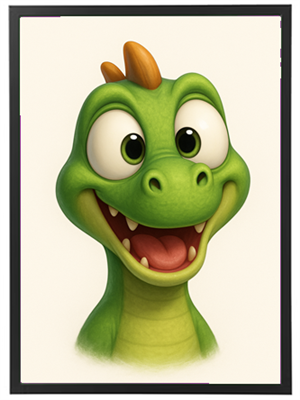 En glad, grøn drage med store øjne og et venligt smil.