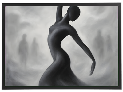 Et abstrakt billede af en sort skikkelse, der danser i en tåget baggrund med svage silhuetter.