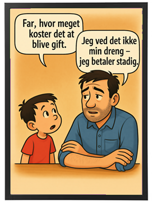 En far og søn diskuterer omkostningerne ved at blive gift, med humoristiske undertoner.
